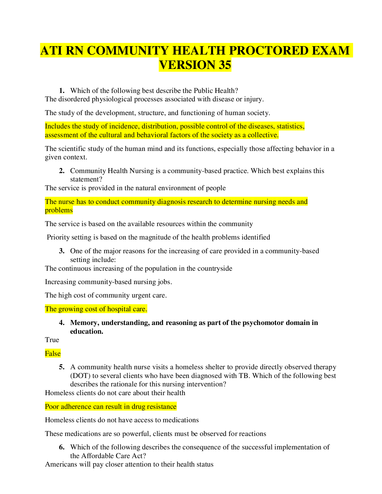 Preview of ATI RN Community Health Proctored Exam Version 35 Complete Questions & Answers with Ration